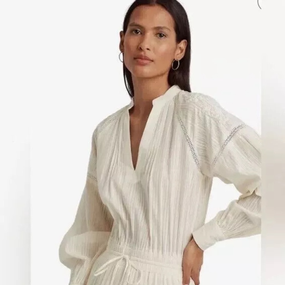 NWT Lauren Ralph Lauren Shadow-Stripe Cotton Tiered Dress Winter Cream Size 16 - Picture 2 of 11